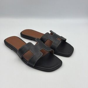 Stratuxx Kaze Slide Sandals Womens 8 Black Brown Footbed H Cut Minimal Luxe